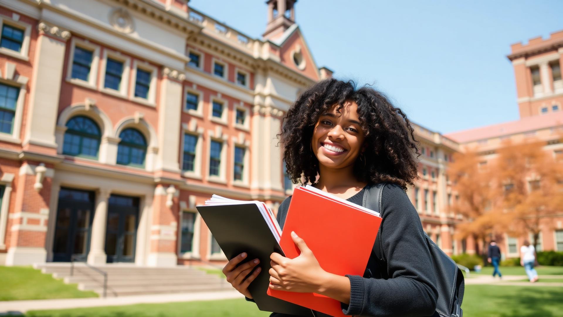 Student holding study materials on a college campus